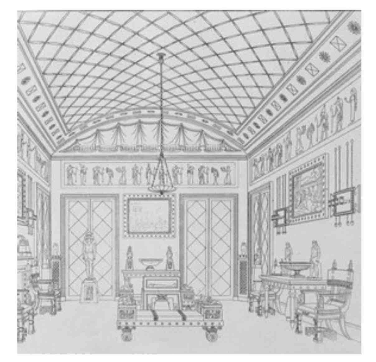 Egyptian Room at Duchess Street. The interior and furniture were designed by Thomas Hope. This illustration appeared in his 1807 Folio book Household Furniture and Interior Decoration
