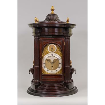 18TH CENTURY ANTIQUE MAHOGANY MUSICAL TABLE CLOCK BY RALPH GOUT OF LONDON