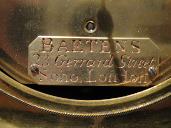 Detail of clock backplate with Baetens signature. Raffety Ltd.