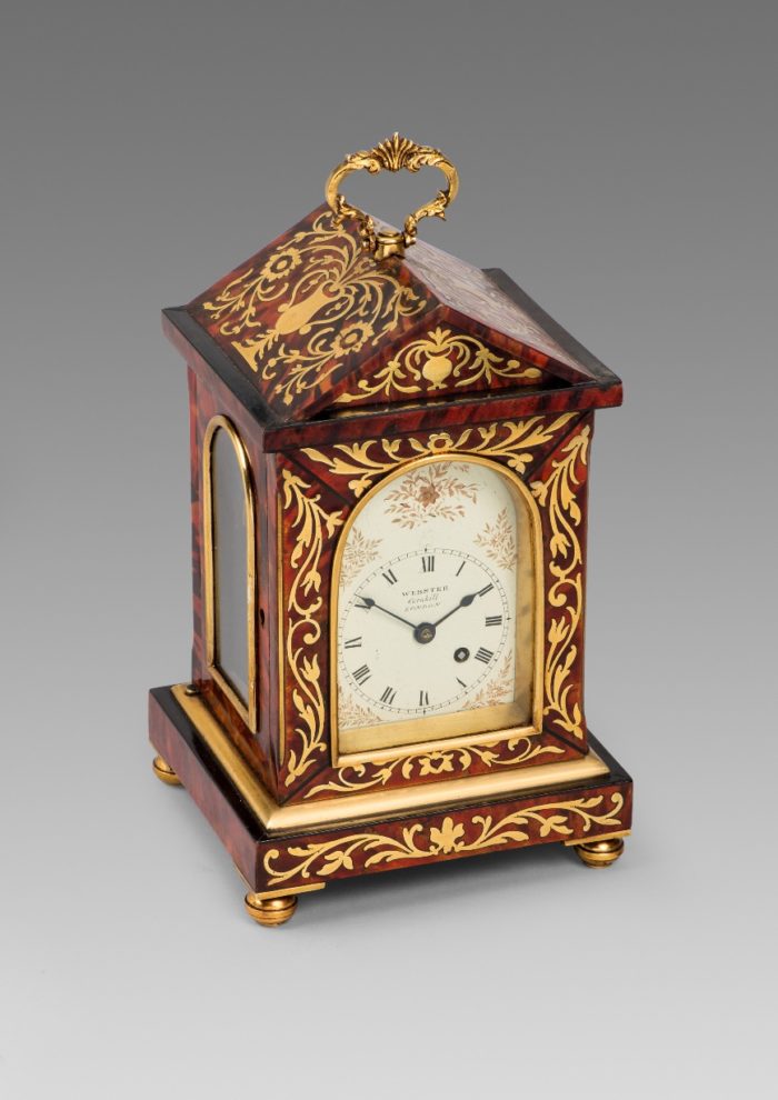 Webster, Cornhill, London. Regency red tortoiseshell and brass inlaid mantel timepiece, c. 1820. © Raffety Ltd