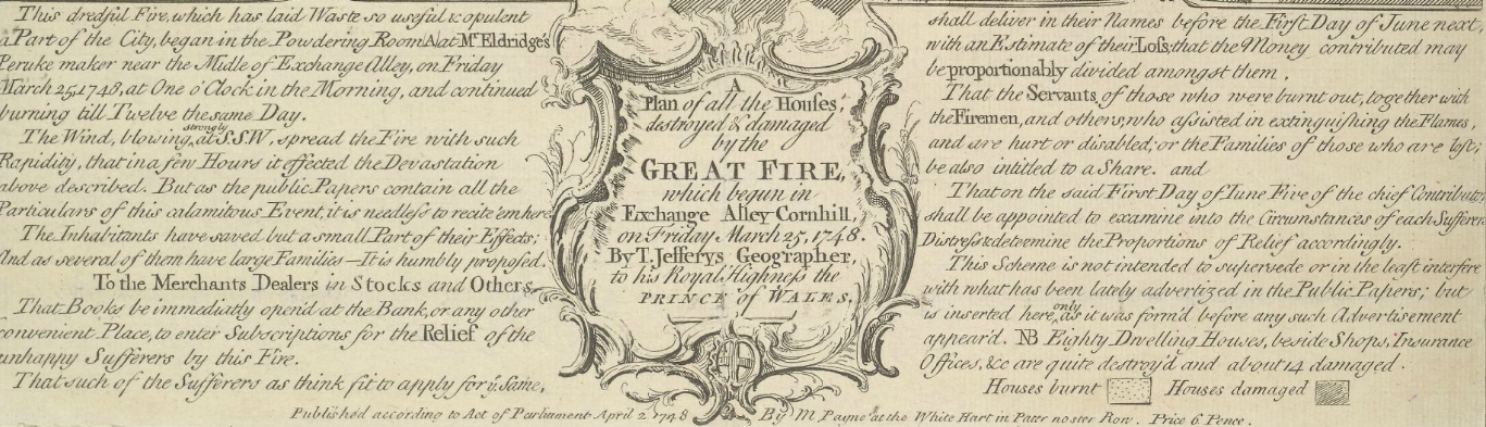 Crop of a map which details the fire which began in Exchange Alley Cornhill, on Friday March 25, 1748 Ⓒ The British Library