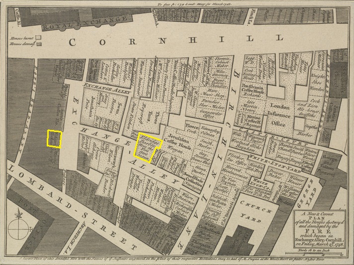 ‘A New and Correct Plan of all the Houses destroy’d and damaged by the Fire which began in Exchange Alley, Cornhill on Friday March 25, 1748’ Webster’s shop (left) and the start of the fire are highlighted Ⓒ The British Library