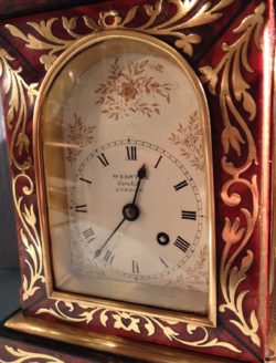 Detail of the dial on the tortoiseshell mantel timepiece by Richard Webster II. © Raffety Ltd
