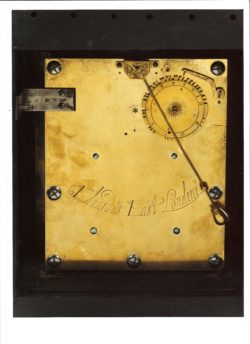 Detail of a backplate on a clock by Edward East, circa 1665-70. This shows the pendulum – a revolutionary technological innovation that first appeared on a working clock in 1656