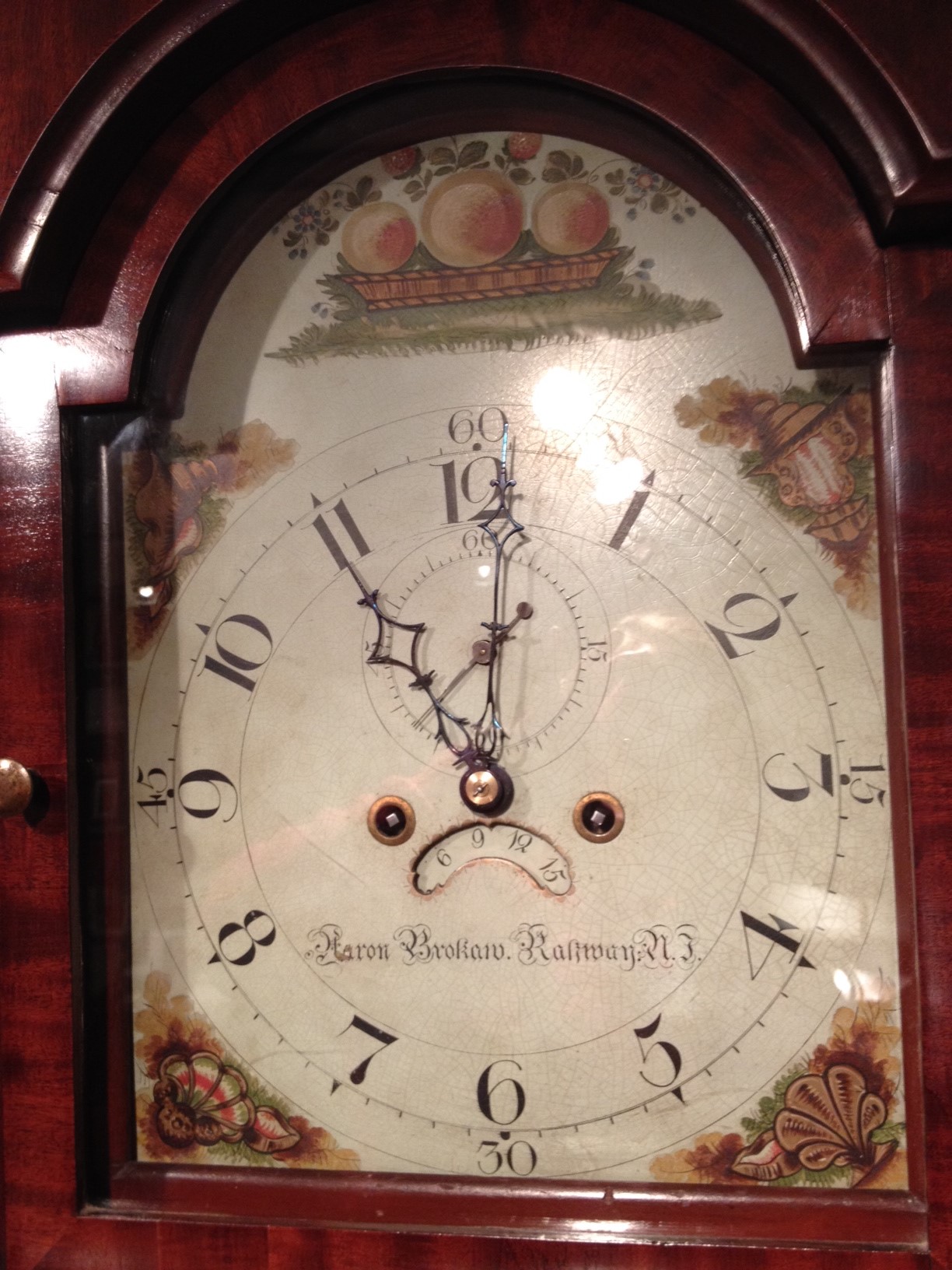 Detail of Painted Dial on Longcase Clock by Aaron Brokaw. Raffety Ltd