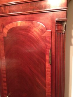 Detail of Figured Mahogany case, Clock by Aaron Brokaw. Raffety Ltd