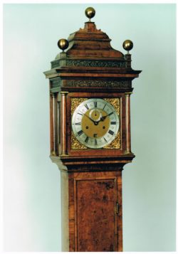 Detail of a walnut longcase clock by Daniel Quare, circa 1705. Raffety Ltd.