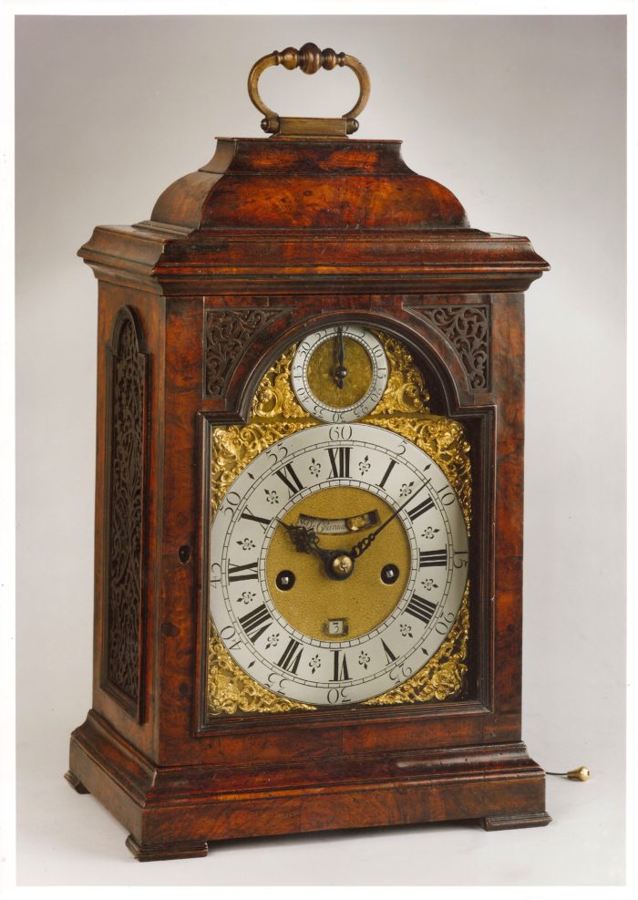 A walnut bracket clock by Simon de Charmes, circa 1730. Raffety Ltd.