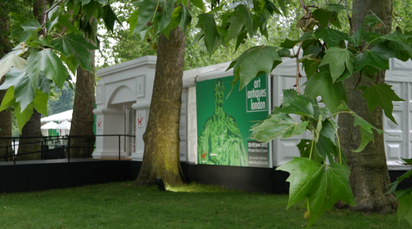 View of the Antique Antiques London Fair Pavilion in Kensington Gardens