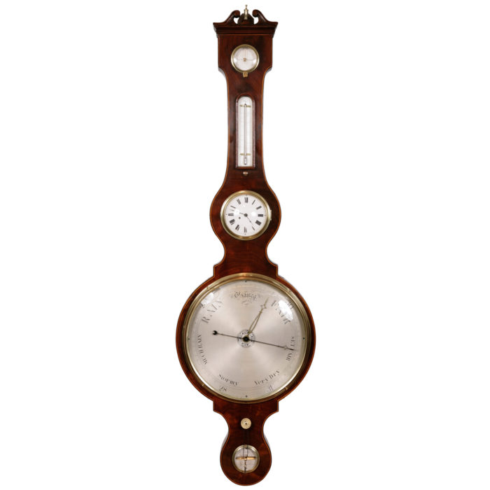 Wheel Barometer with Clock by J Flora, circa 1820. Raffety Clocks