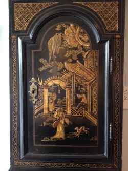 Detail of Lacquer Decoration, with a Figure in a Pavillion with Landscape. Tavern Clock by John Everell, London. Circa 1765. Raffety Ltd.