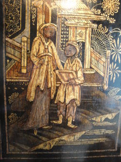 Detail of Figures and Landscape on the Trunk Case of a Tavern Clock by Thomas Green, Baldock. Circa 1775. Raffety Ltd.