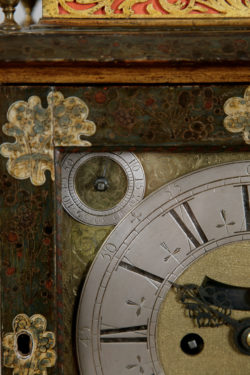 Detail of the Lacquer and Clockface of the Simon du Charmes Bracket Clock. Raffety Ltd