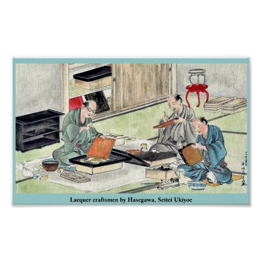Lacquer craftsmen by Hasegawa, Settei Ukiyoe. Japan.