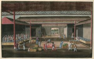 Chinese and European Traders Doing Business. Early 19th Century Print.