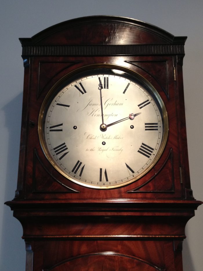 Detail of the Dial of the Gorham Longcase clock at Raffety Clocks. Photo by Tara Draper-Stumm