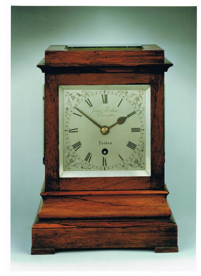 Four Glass table Clock by James Gorham. Photo Raffety Clocks.
