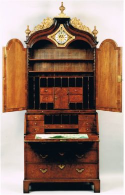George II period walnut bureau with clock by John Drury, London. Raffety Antique Clocks