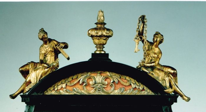 Detail of Saints Basilisa and Anastasia on a Charles II period table clock. Raffety Antique Clocks