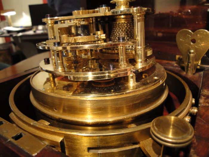 Detail of Wieland’s marine chronometer, showing the fusee movement and spring. Raffety Antique Clocks