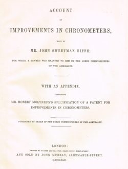 The title page of Eiffe’s book on his improvements to chronometers, 1842