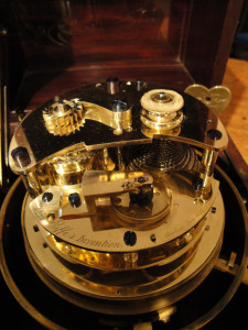 Detail of the interior of Wieland’s marine chronometer, with Eiffe’s patented temperature compensator. Raffety Antique Clocks