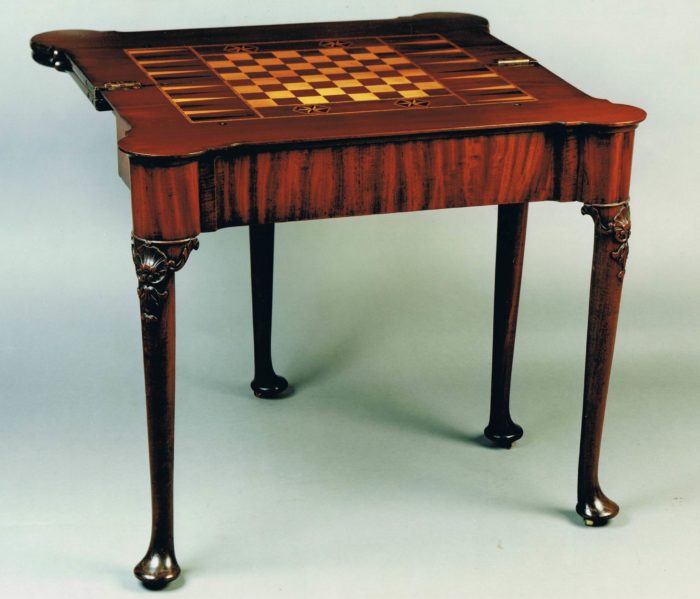 Detail showing the 2nd tier of the games table, chess and backgammon board in inlaid woods. Circa 1740. Raffety Ltd.
