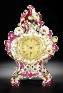Pink & gilt floral Coalport porcelain clock by Vulliamy, London