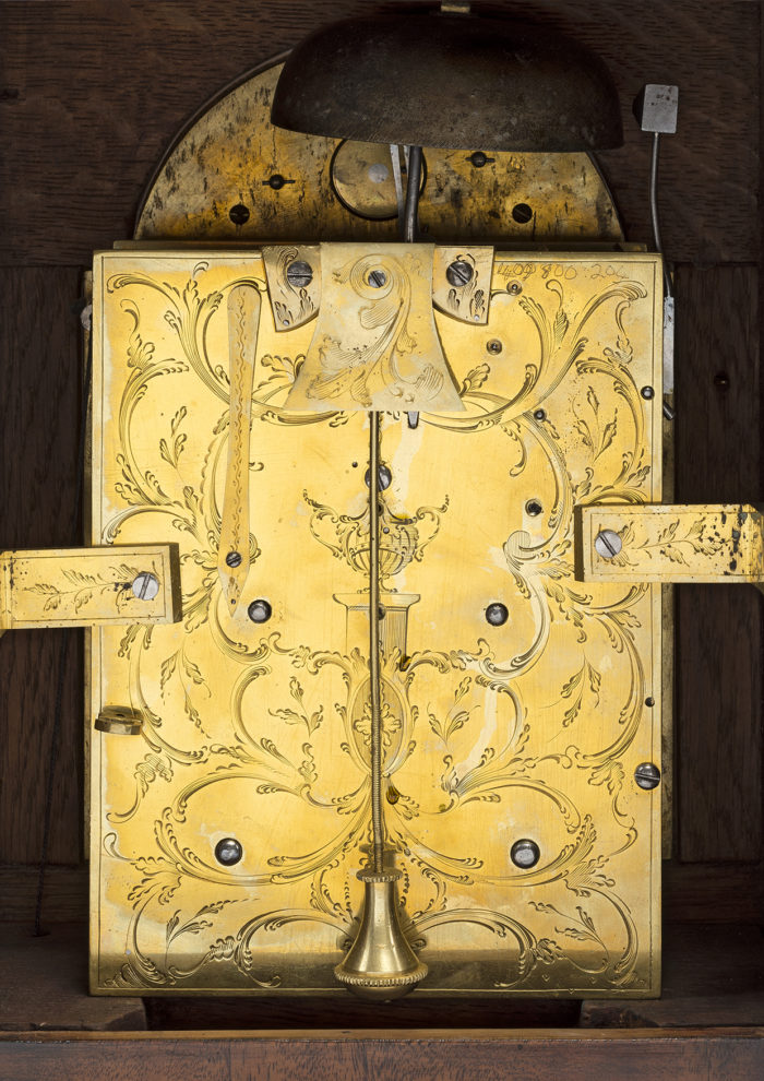 Backplate of the bracket clock by George Margetts, London. Raffety Ltd.