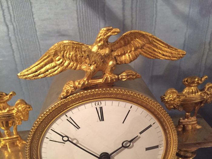 Detail of the ormolu eagle on the large classical clock with lion by Baetens, Soho. Raffety Ltd.