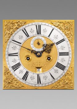 Detail of the dial on longcase clock by Carolus Cabrier, with gilt spandrels. Raffety Ltd.