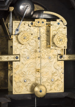 Detail of backplate on bracket clock by Charles Cabrier II. Raffety Ltd