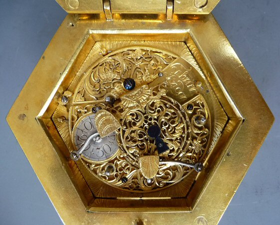 Detail of the movement in the hexagonal table clock by Charles Cabrier II. Circa 1760. Courtesy Van Dreven Antiquair.