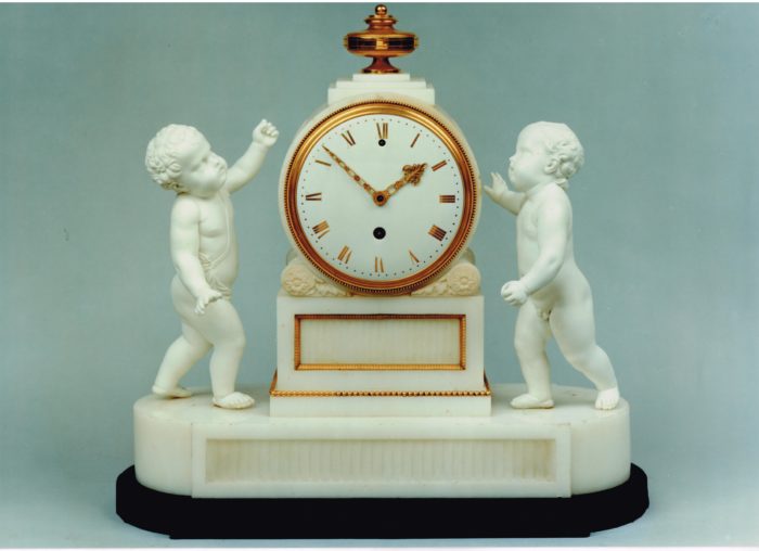 Biscuit porcelain and marble clock by Benjamin Vulliamy